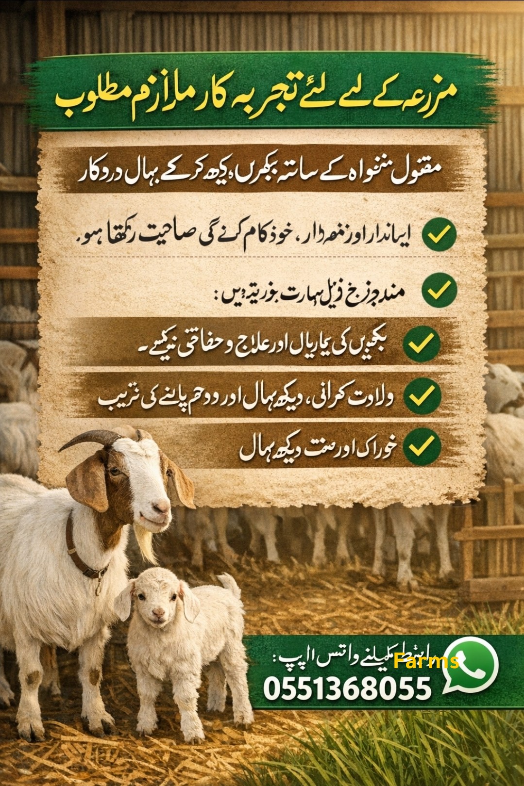 مطلوب عامل مزرعة لديه خبرة في تربية الحلال